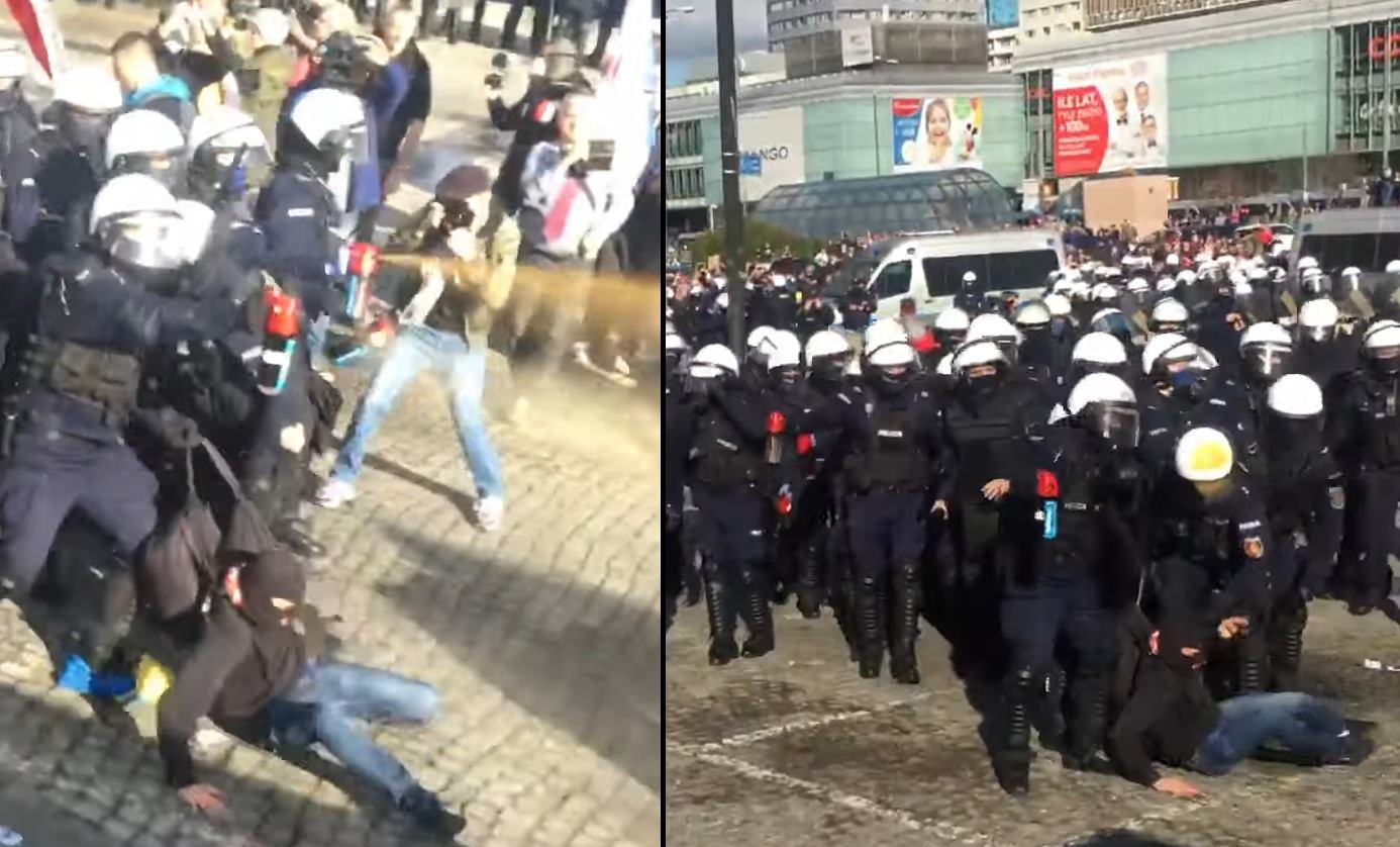 Protest antymaseczkowy w Warszawie: Policja pałuje i gazuje demonstrantów!