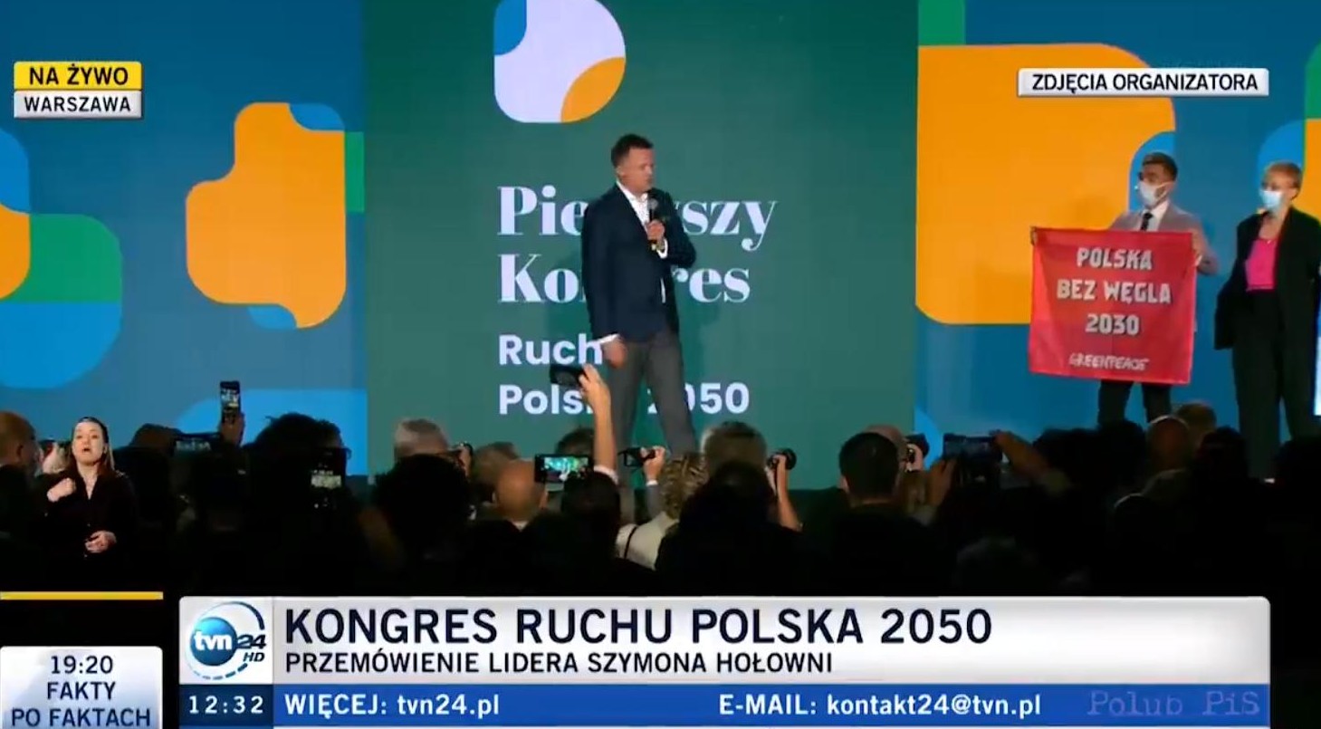 propolski.pl: Hołownia w szoku. Greenpeace wtargnął na kongres Polska 2050. „Polska bez węgla 2030” [WIDEO]